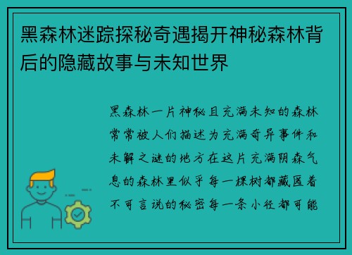 黑森林迷踪探秘奇遇揭开神秘森林背后的隐藏故事与未知世界